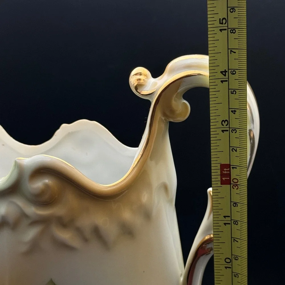 RS Wreath Stamp Porcelain Floral Chocolate‎ Set Pitcher & 5 Cups Gold Trim Roses
